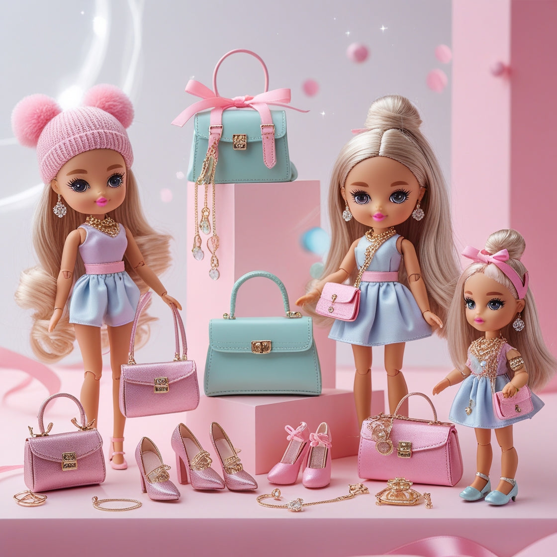 The scene should include beautifully designed dolls (e.g., fashion dolls, collectible figurines, or plush dolls) arranged alongside miniature accessories like handbags, shoes, jewelry, and tiny hats