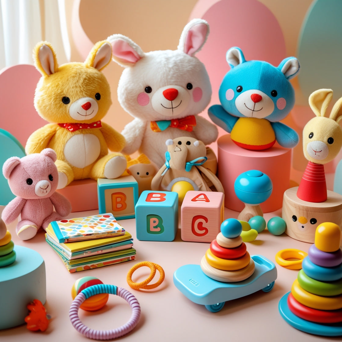 A baby sits next to a toy bee that is yellow, orange, and blue, with musical notes floating above it