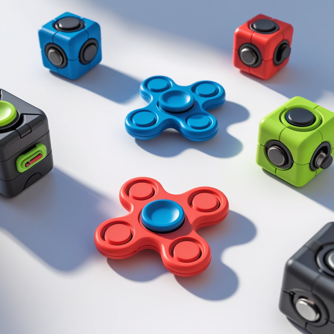 The spinners should have a three-pronged design in bright, solid colors